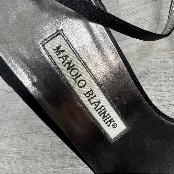 MANOLO BLAHNIK Black Satin Slingback Crystal Sandals Heels Size 38 1/2 - Picture 6 of 13